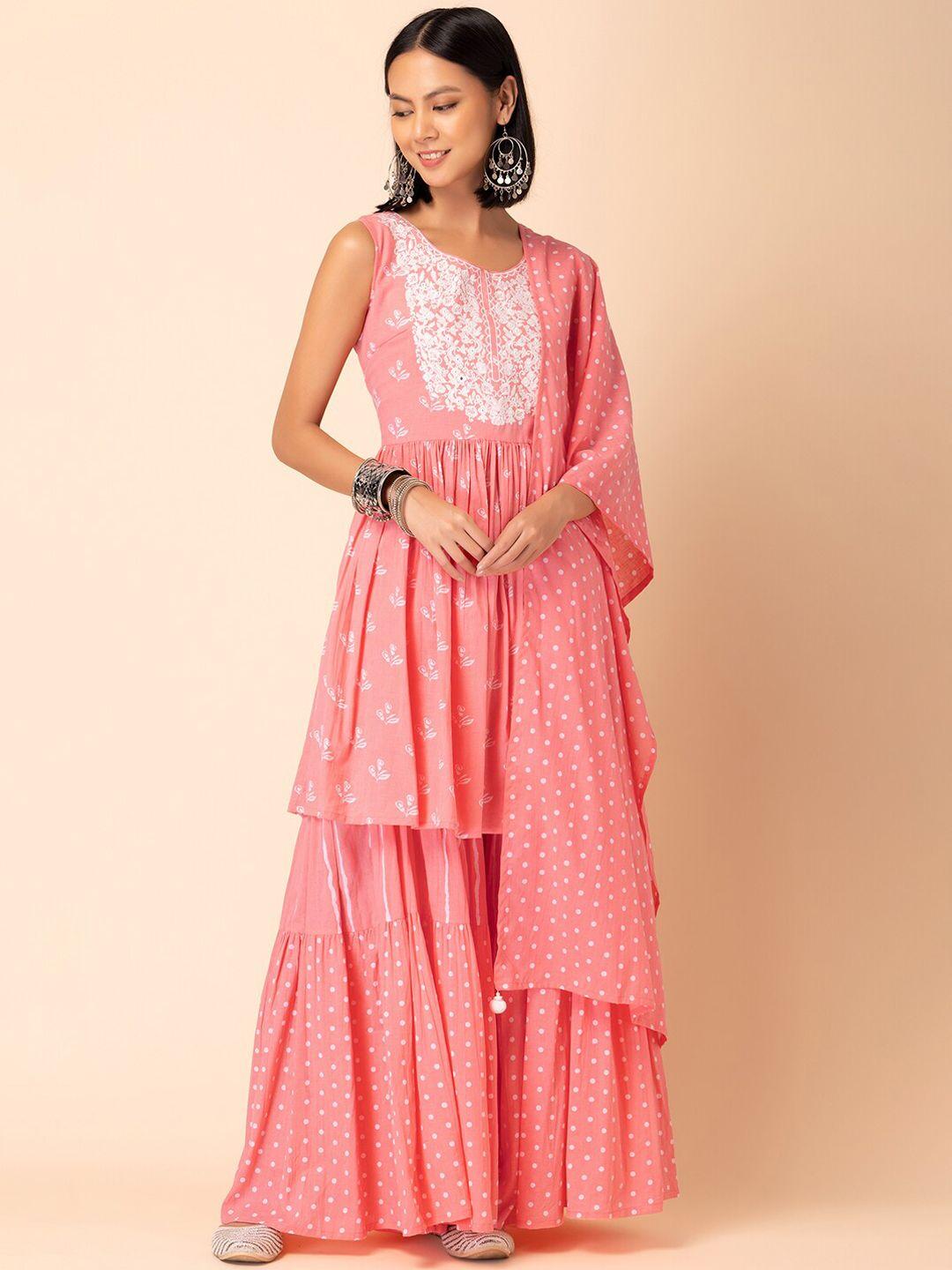 rang by indya printed thread work pure cotton kurti with sharara & dupatta