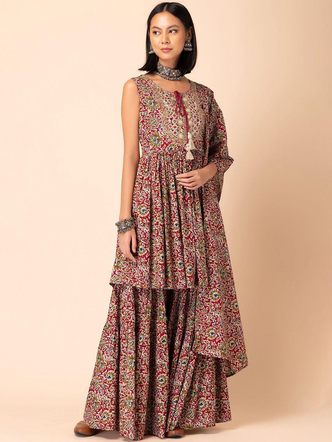 rang by indya printed mirror work pure cotton anarkali kurta with sharara & dupatta