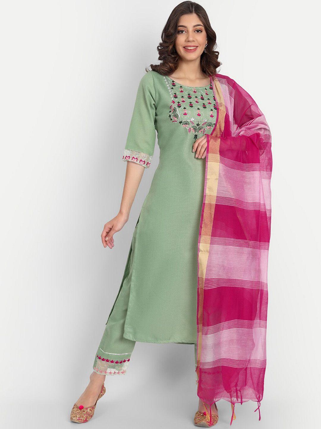 kalini floral yoke design regular thread work kurta with trousers & with dupatta