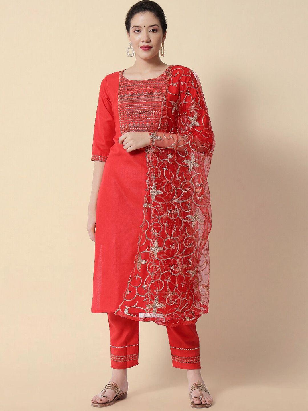 kalini geometric yoke design regular thread work kurta with trousers & with dupatta