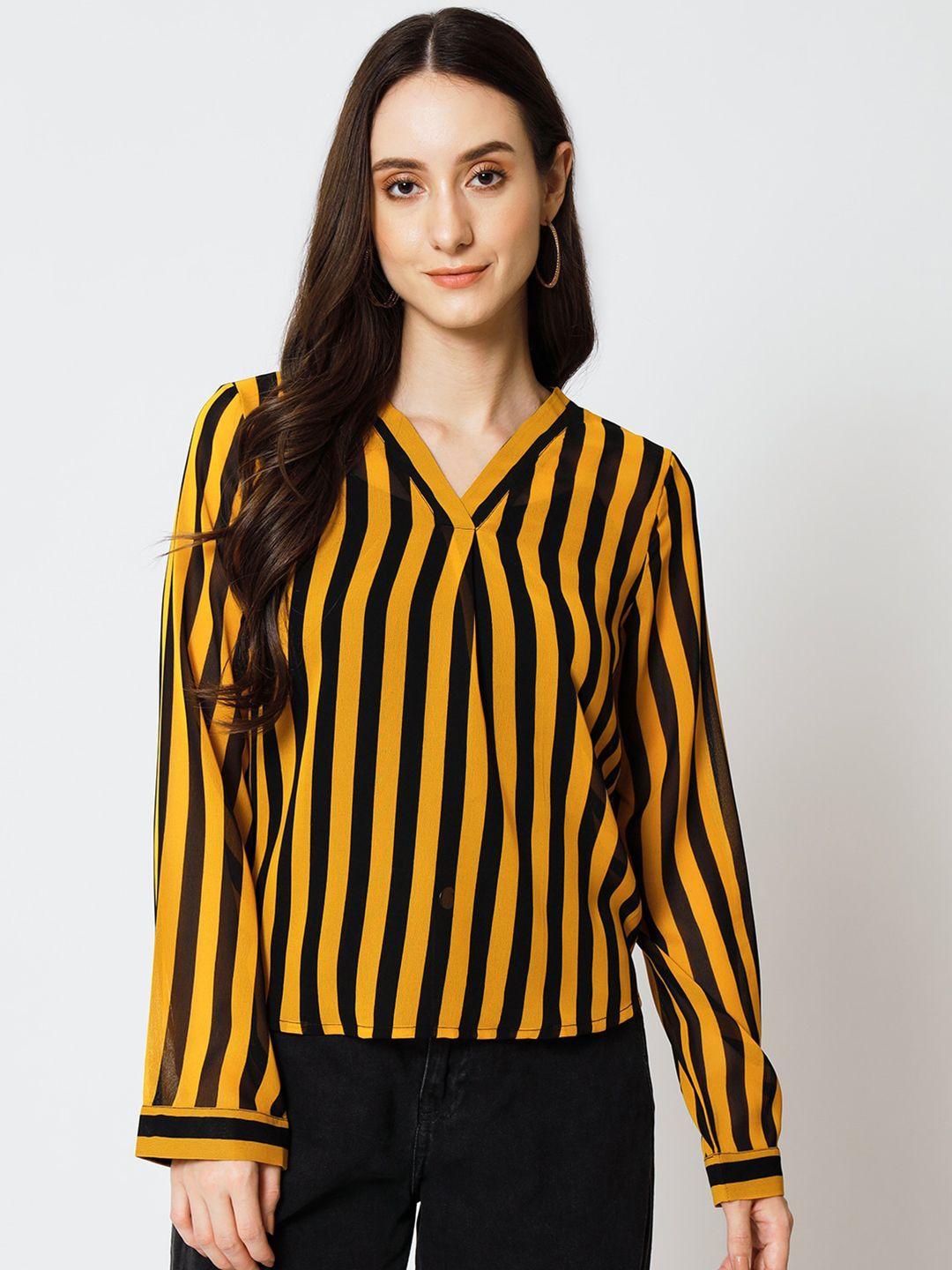 yaadleen striped v-neck cuffed sleeves top