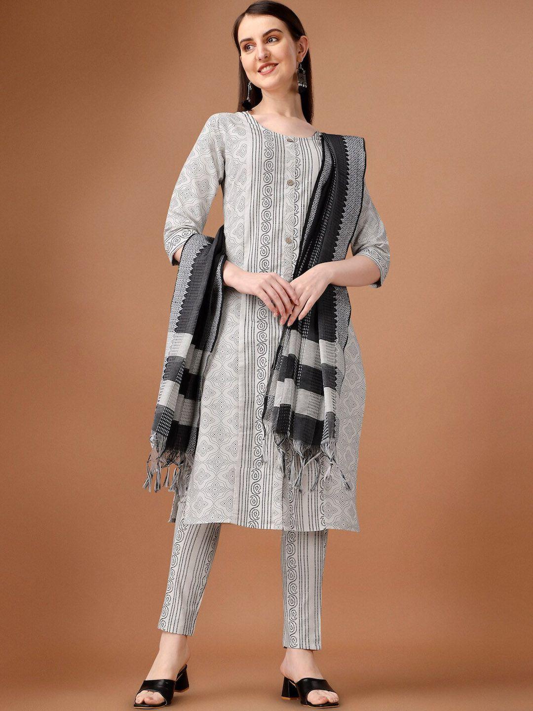 here&now white & black ethnic motifs printed pure cotton kurta with trousers & dupatta