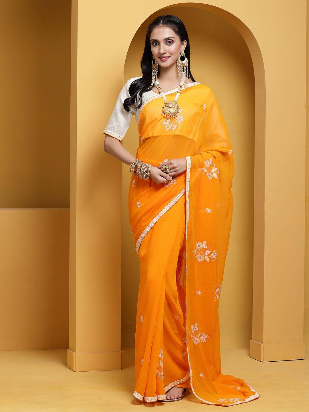 anouk mustard & white floral embroidered pure georgette saree