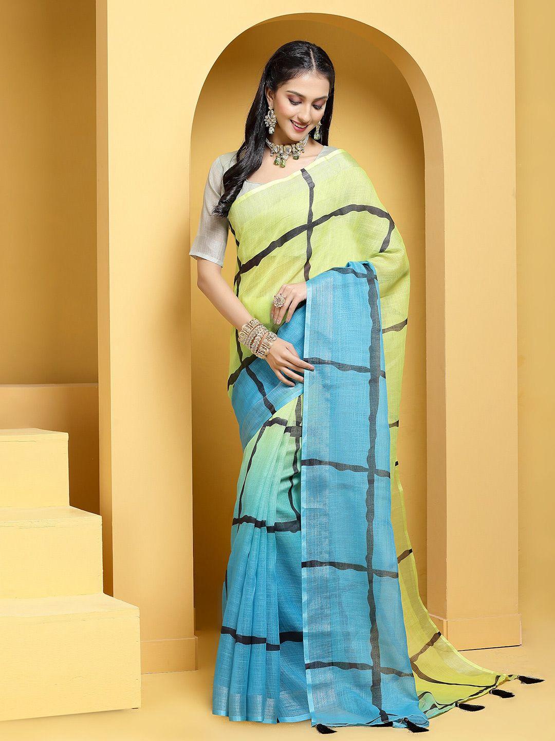 anouk olive green & teal georgette printed pure linen saree