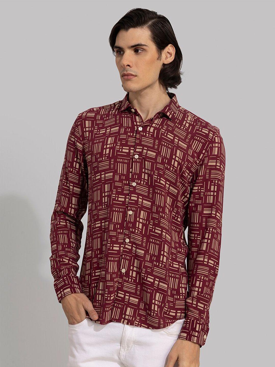 snitch red slim fit abstract printed casual shirt