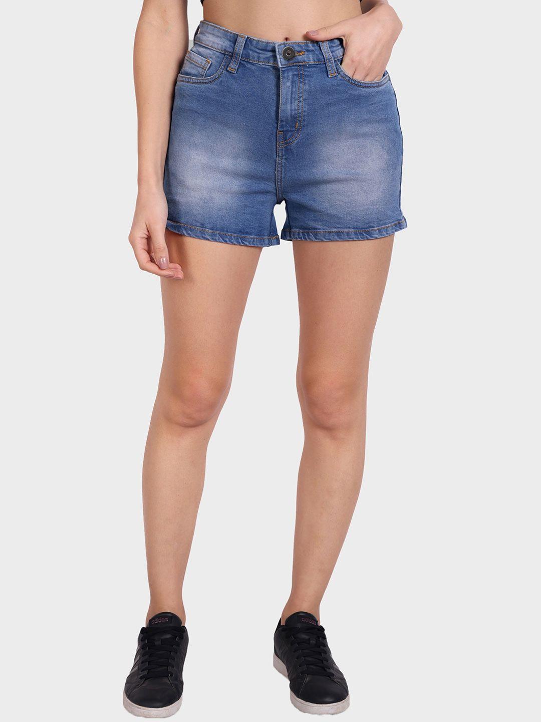 dressberry women blue mid rise washed denim shorts