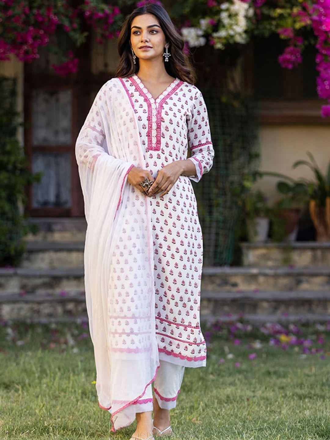 ambraee ethnic motifs printed lace detail kurta with trousers & dupatta