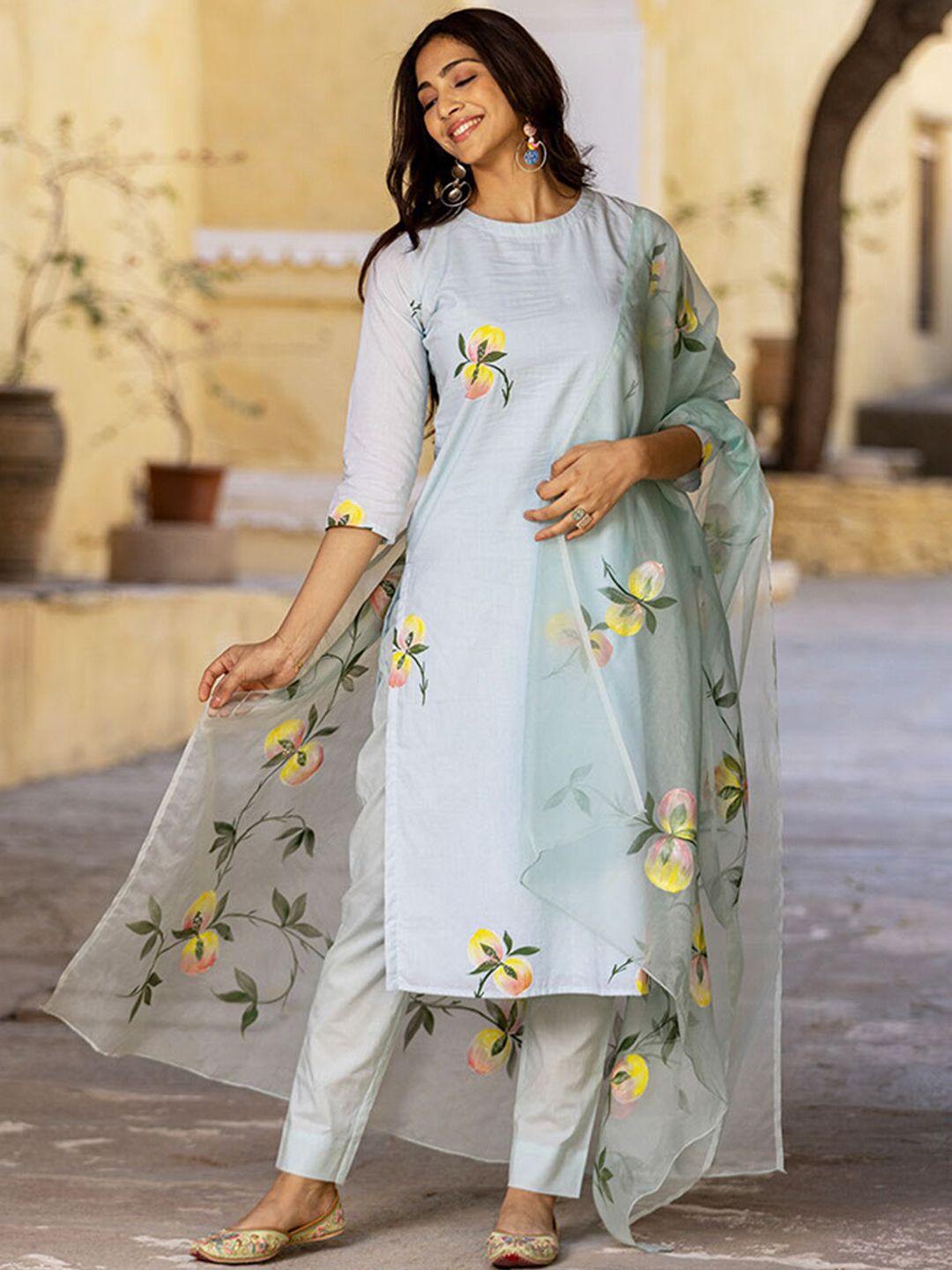 ambraee floral printed kurta with trousers & dupatta