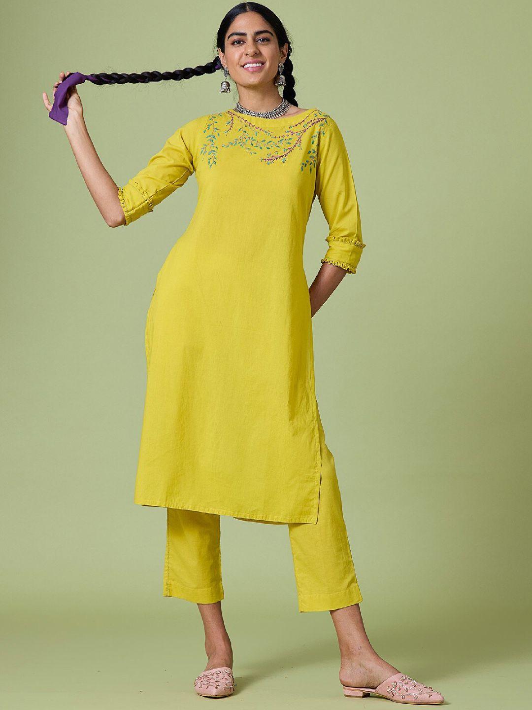 okhai ethnic motifs embroidered pure cotton kurta with trousers