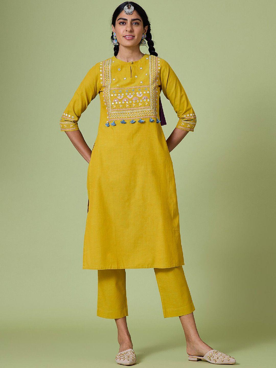 okhai ethnic motifs embroidered mirror work pure cotton kurta with trousers