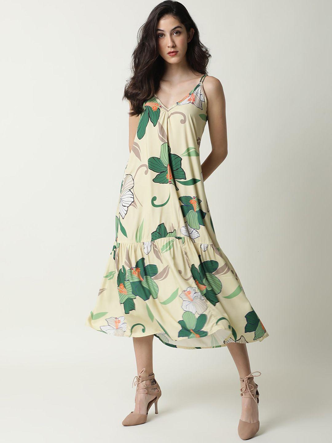 rareism floral printed shoulder straps a-line midi dress