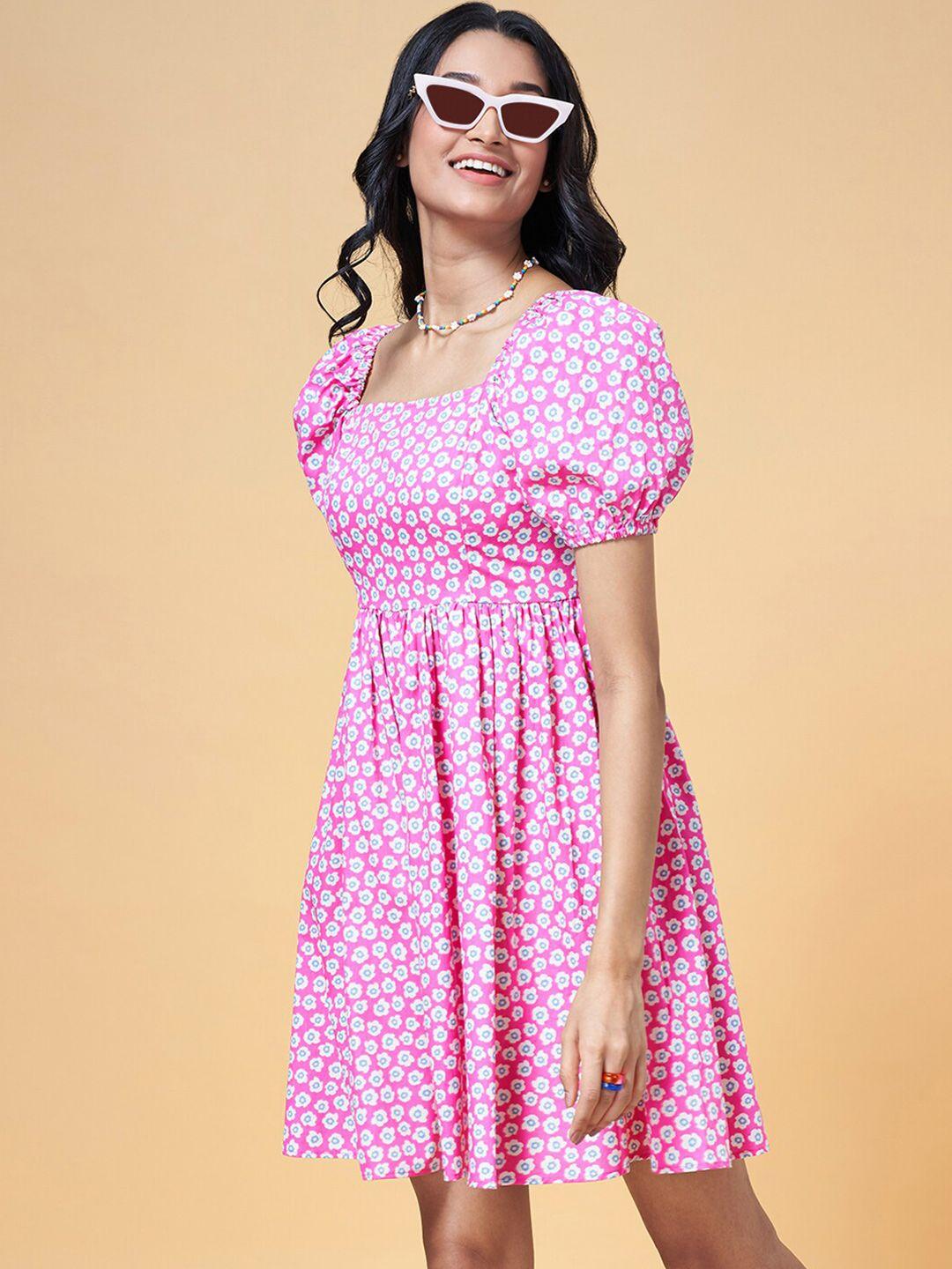 people pink floral printed puff sleeves fit & flare dress