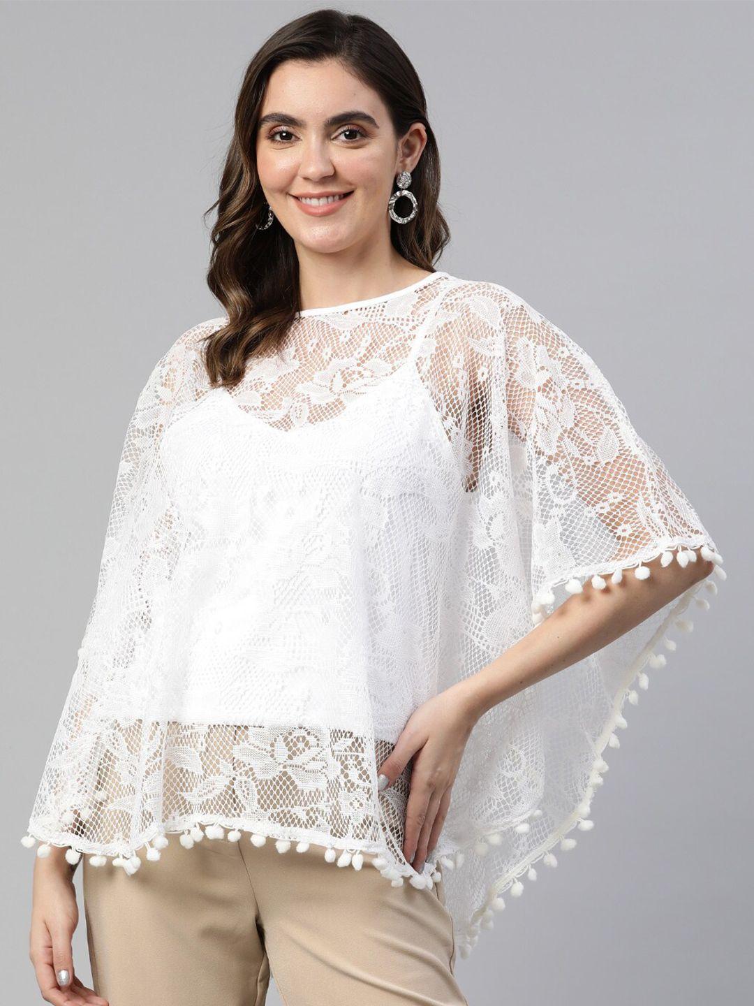 cottinfab self design flared sleeves semi sheer net kaftan top