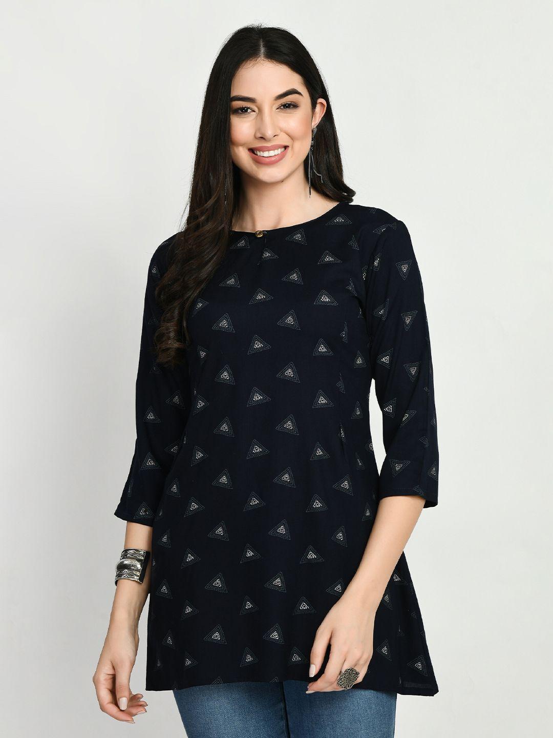 here&now navy blue geometric printed keyhole neck kurti