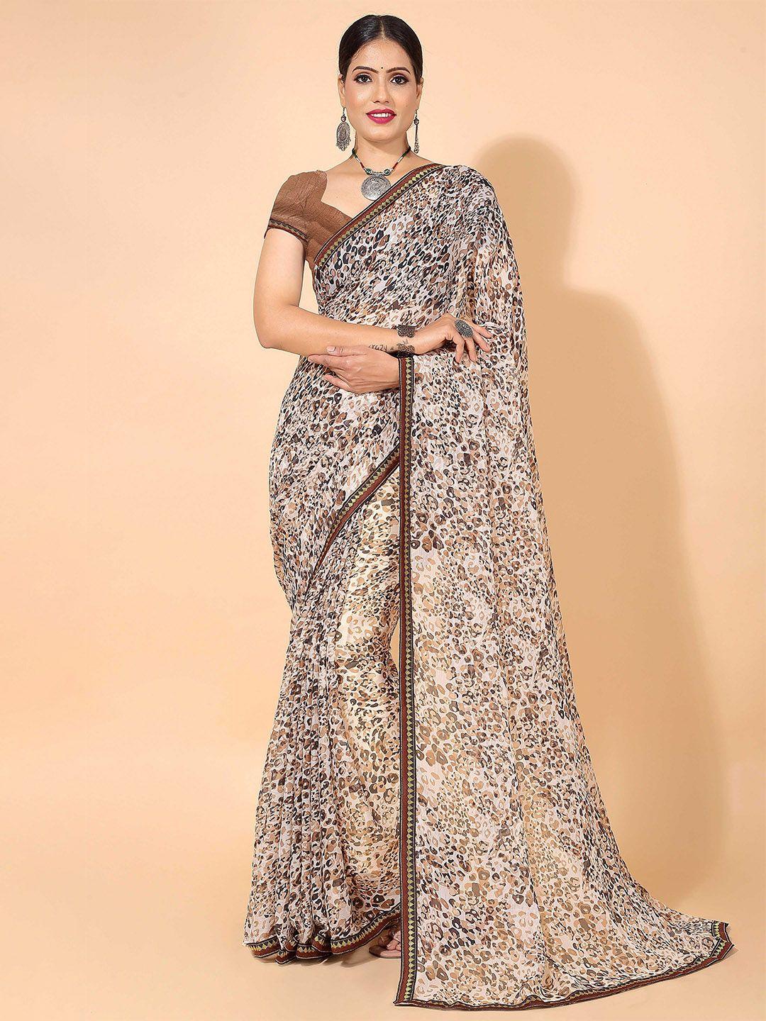 here&now brown & off white abstract printed embellished saree