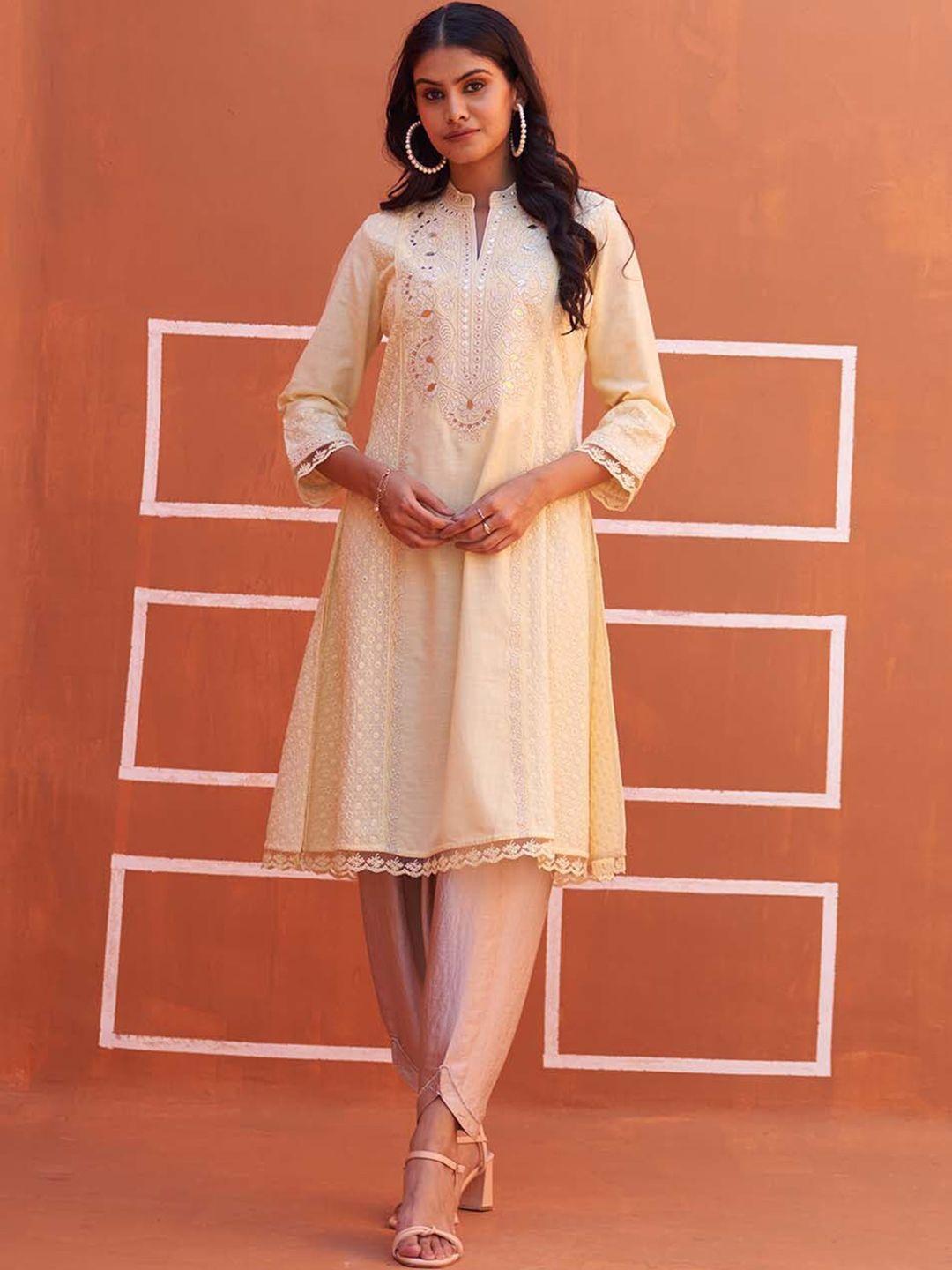 lakshita manadrin collar paneled floral embroidered mirror work a-line kurta