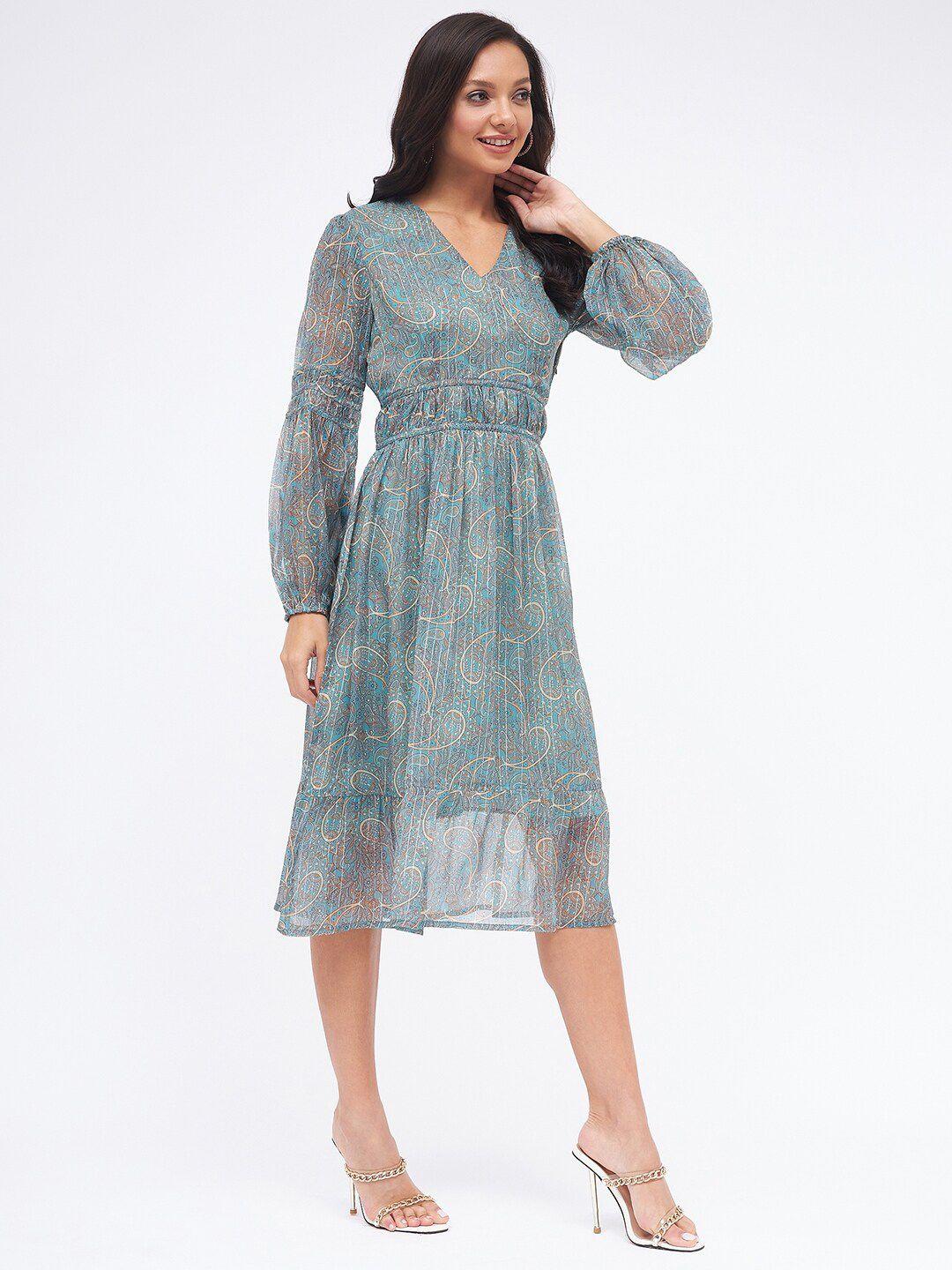 kibo ethnic motifs printed puff sleeve chiffon a-line midi dress