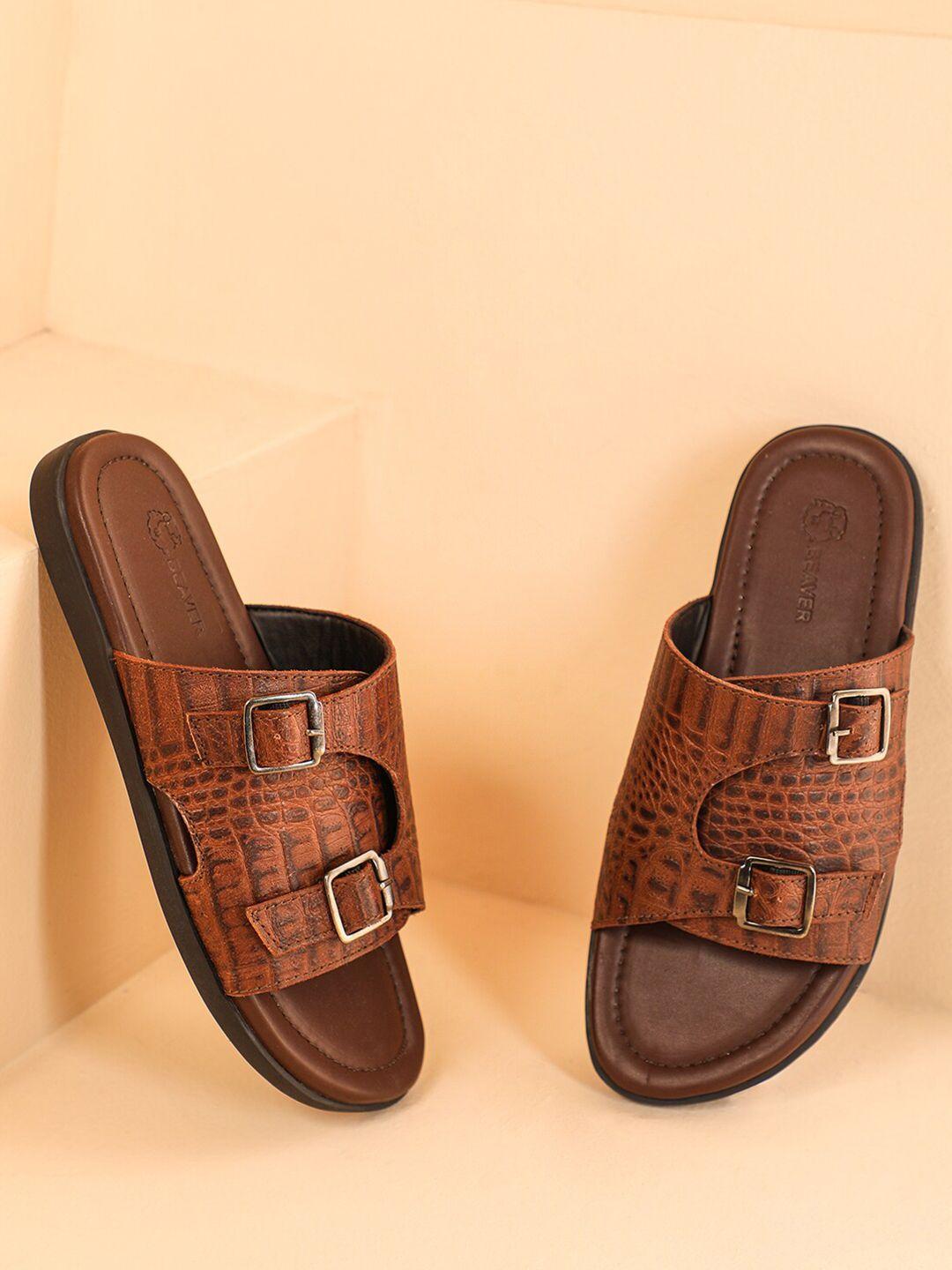 beaver men textured leather comfort sandals with buckle detail