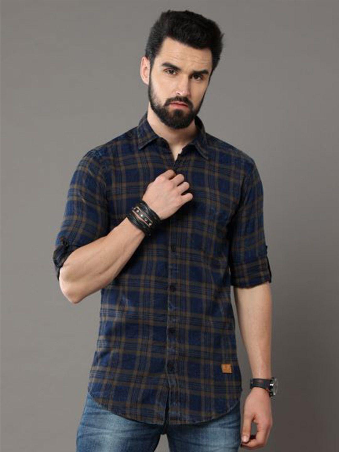 tallwalker tartan checked straight slim fit twill cotton casual shirt