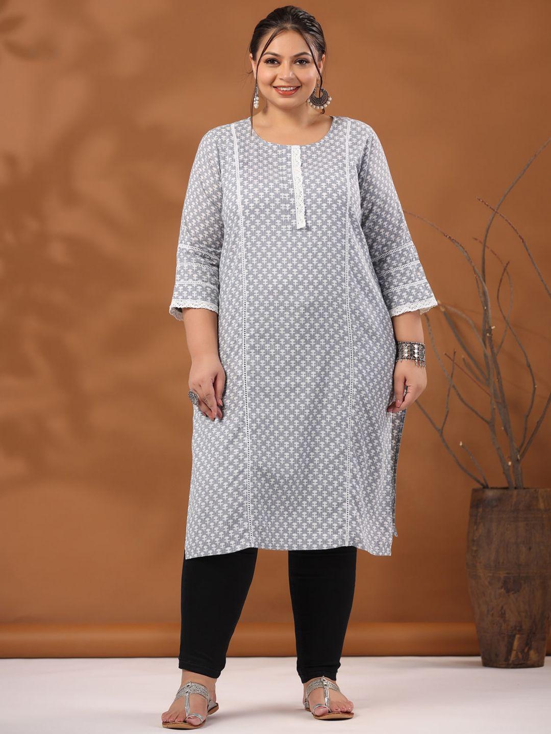 jaipur kurti grey & white plus size ethnic motifs printed thread work kurta