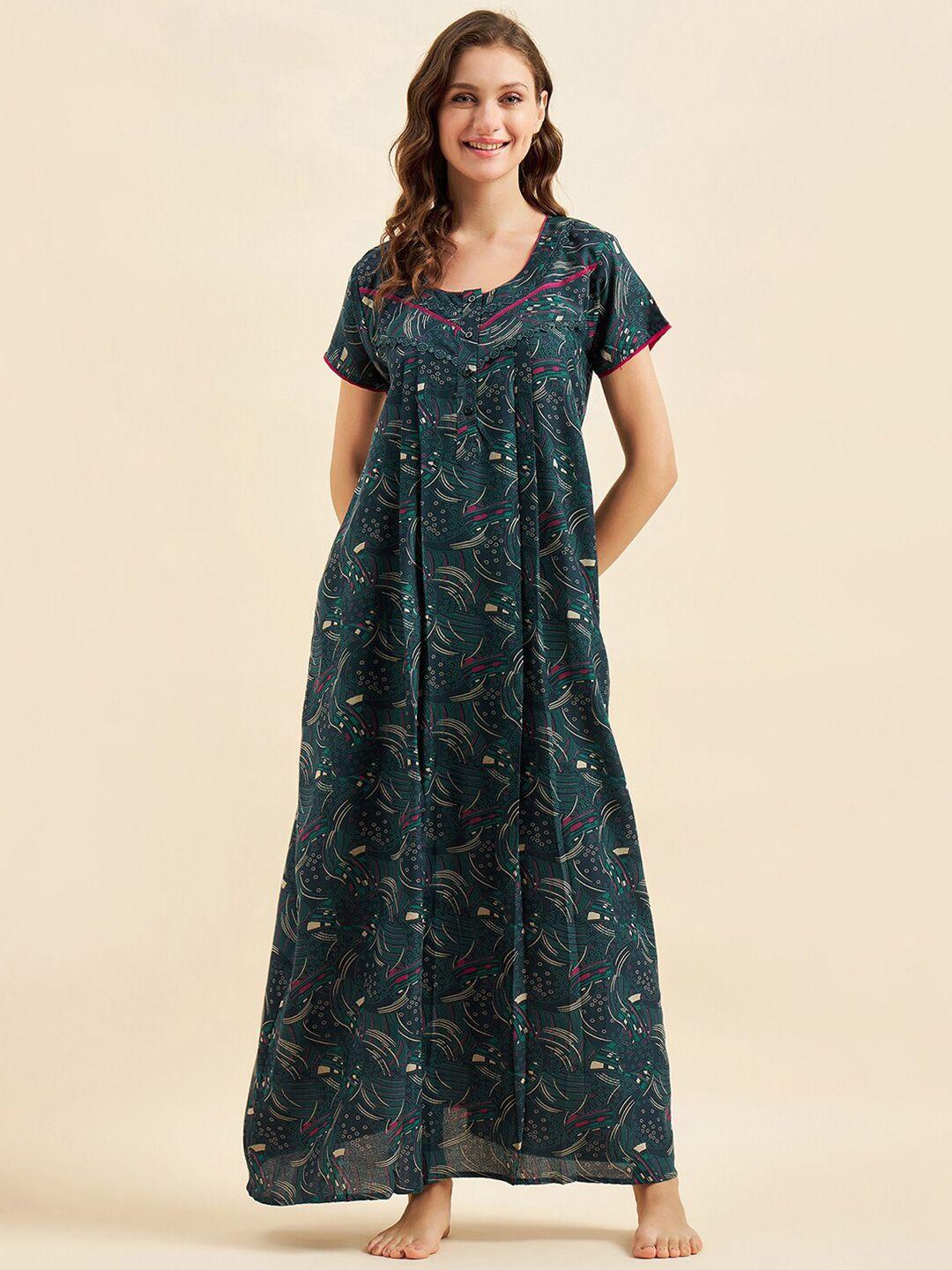 sweet dreams green & pink printed pure cotton maxi nightdress