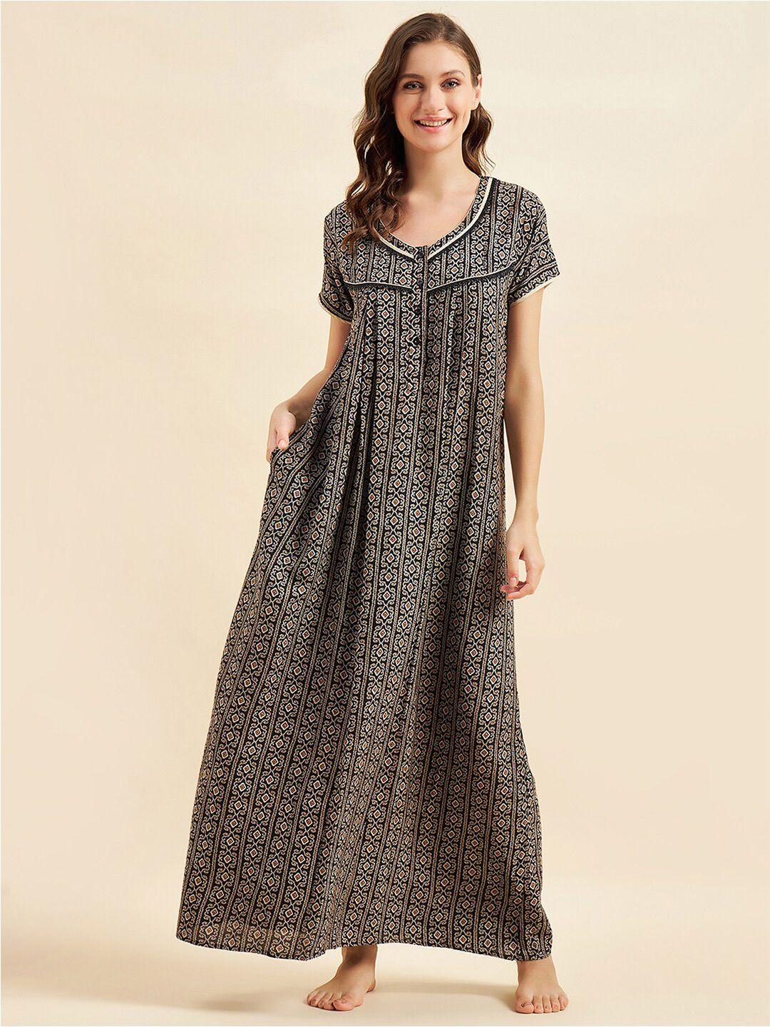 sweet dreams black & grey ethnic motifs printed pure cotton maxi nightdress