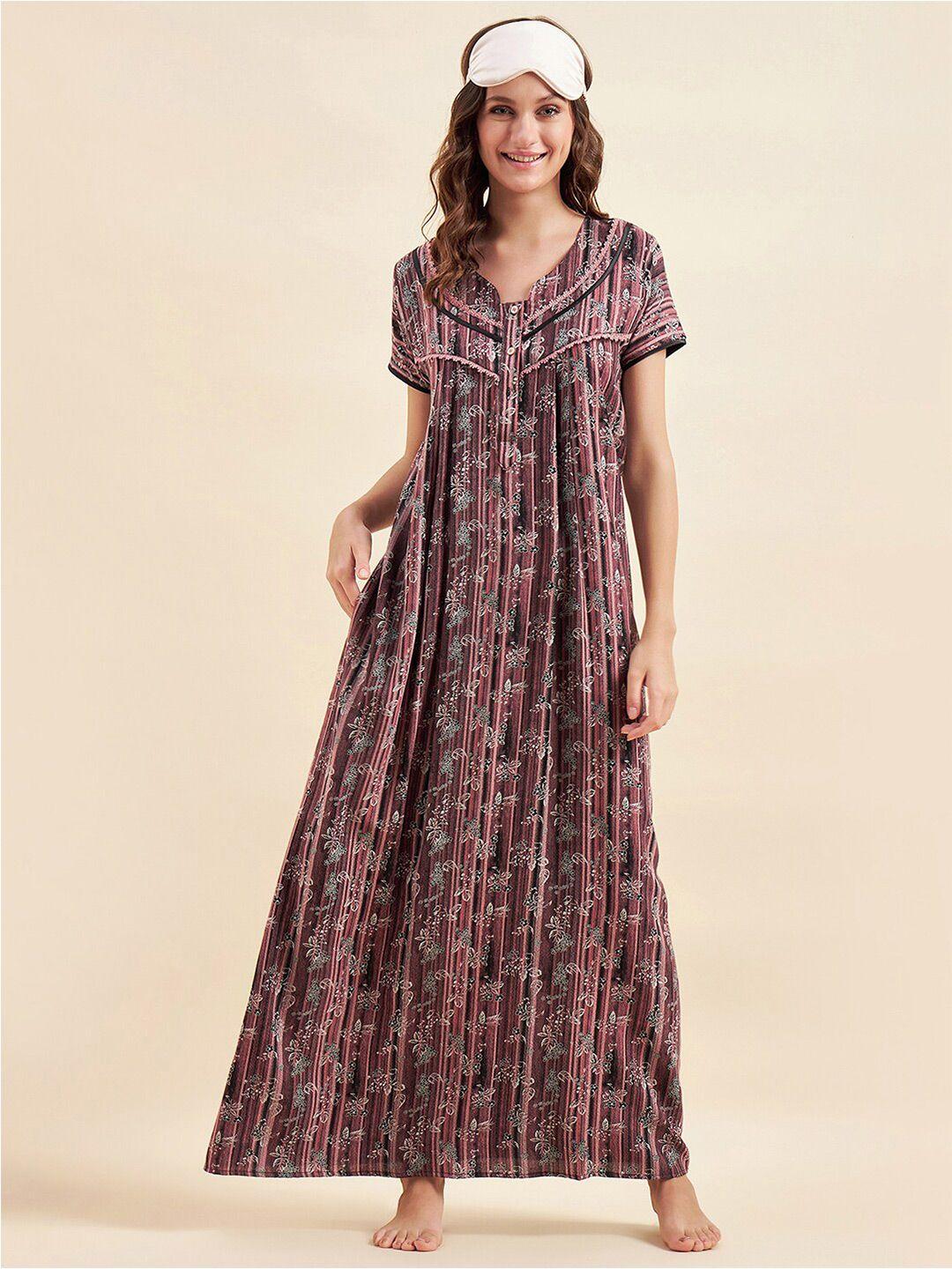 sweet dreams brown & grey floral printed pure cotton maxi nightdress