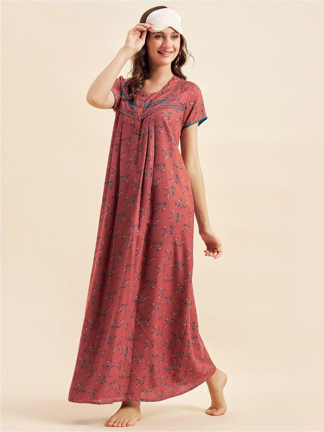 sweet dreams rust & navy blue floral printed pure cotton maxi nightdress