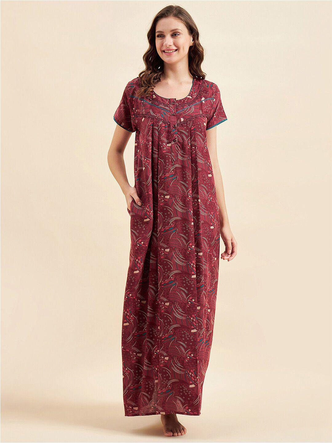 sweet dreams maroon& white printed pure cotton maxi nightdress