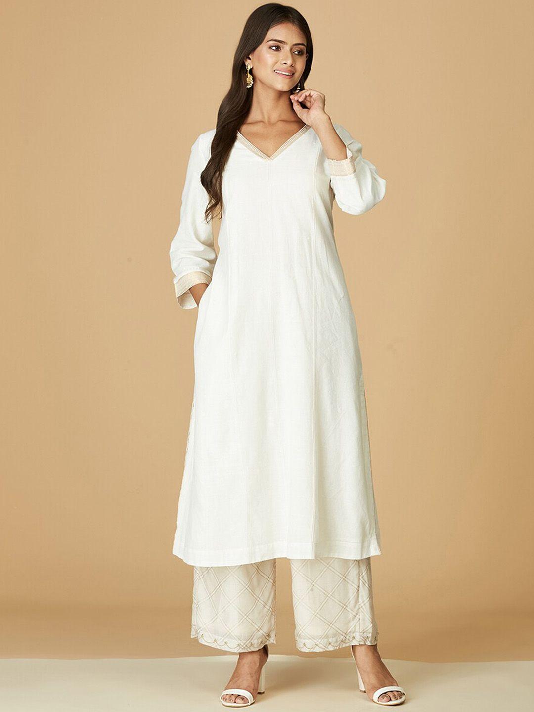 fabindia v-neck zari detail a-line cotton kurta