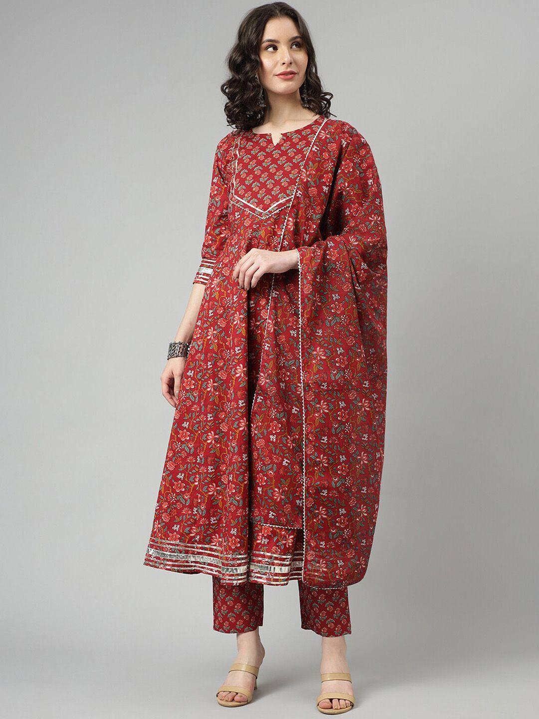 kalini floral printed regular pure cotton kurta with trousers & dupatta