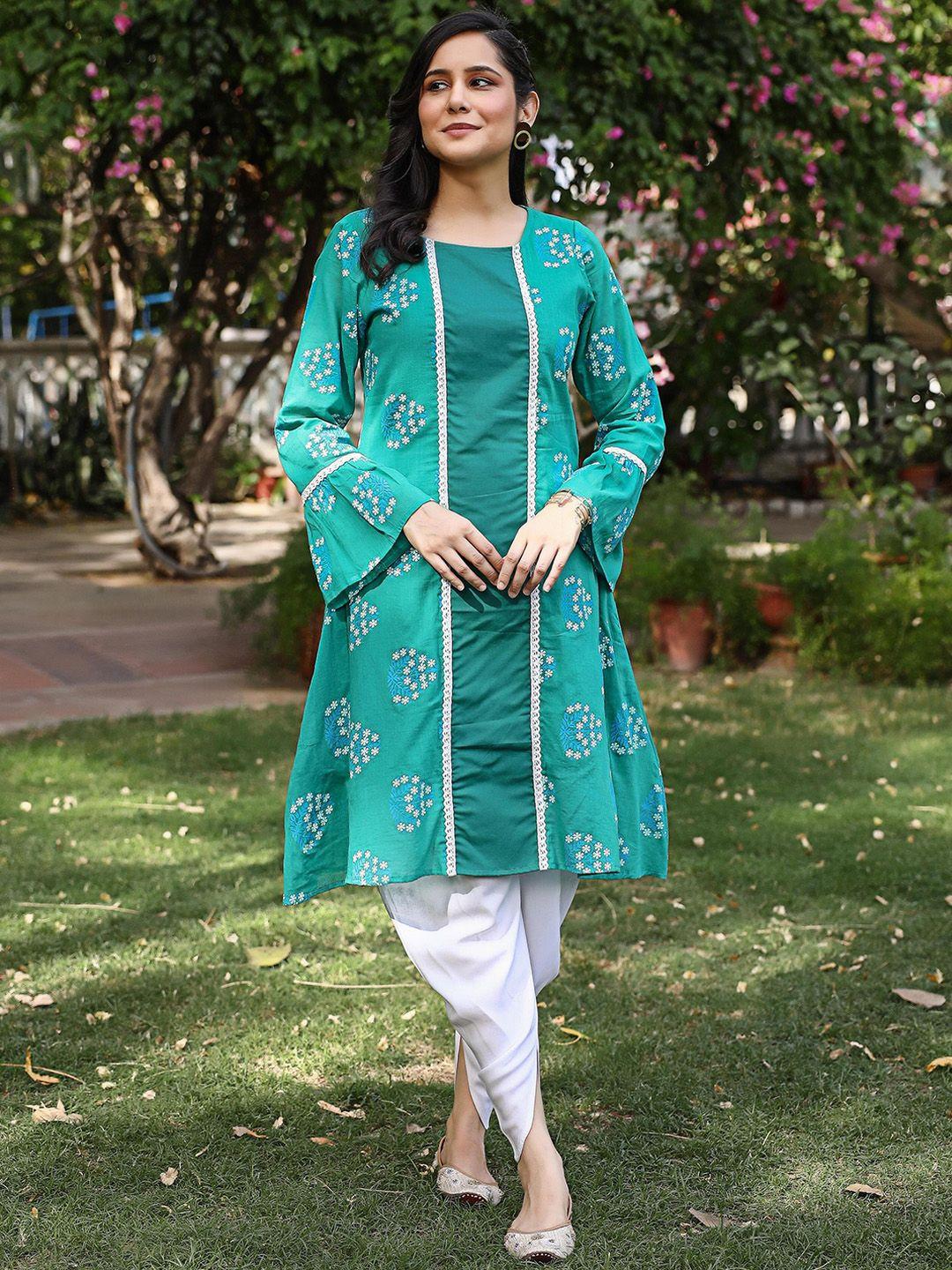 thread & button women green floral printed regular pure cotton kurta with dhoti pants