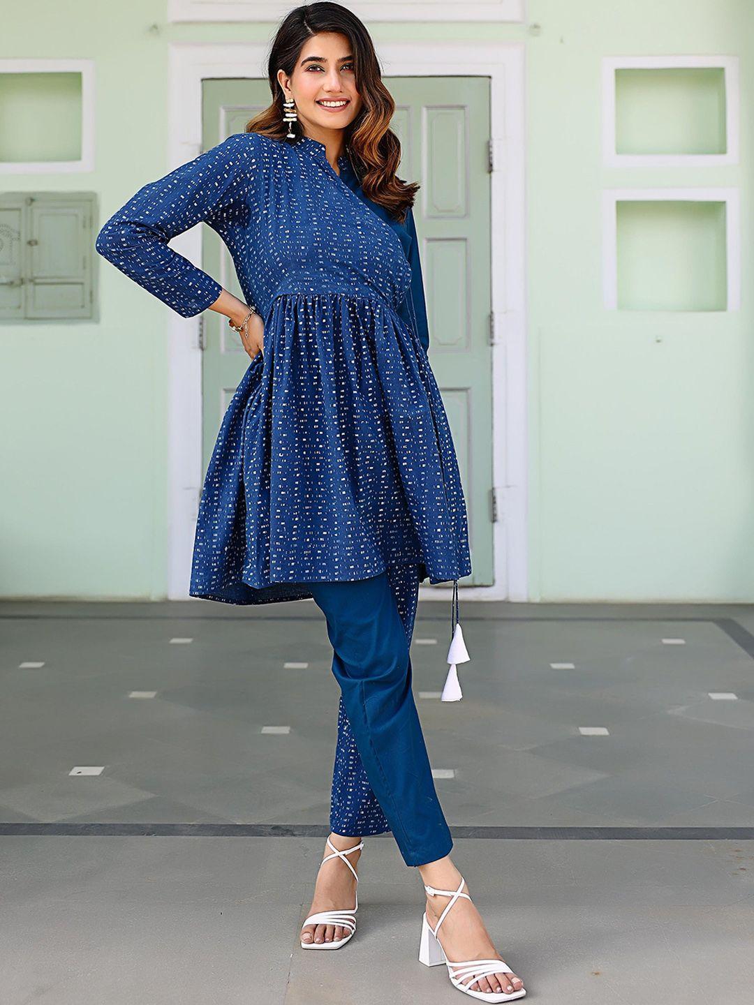 thread & button women blue printed angrakha pure cotton kurta with trousers