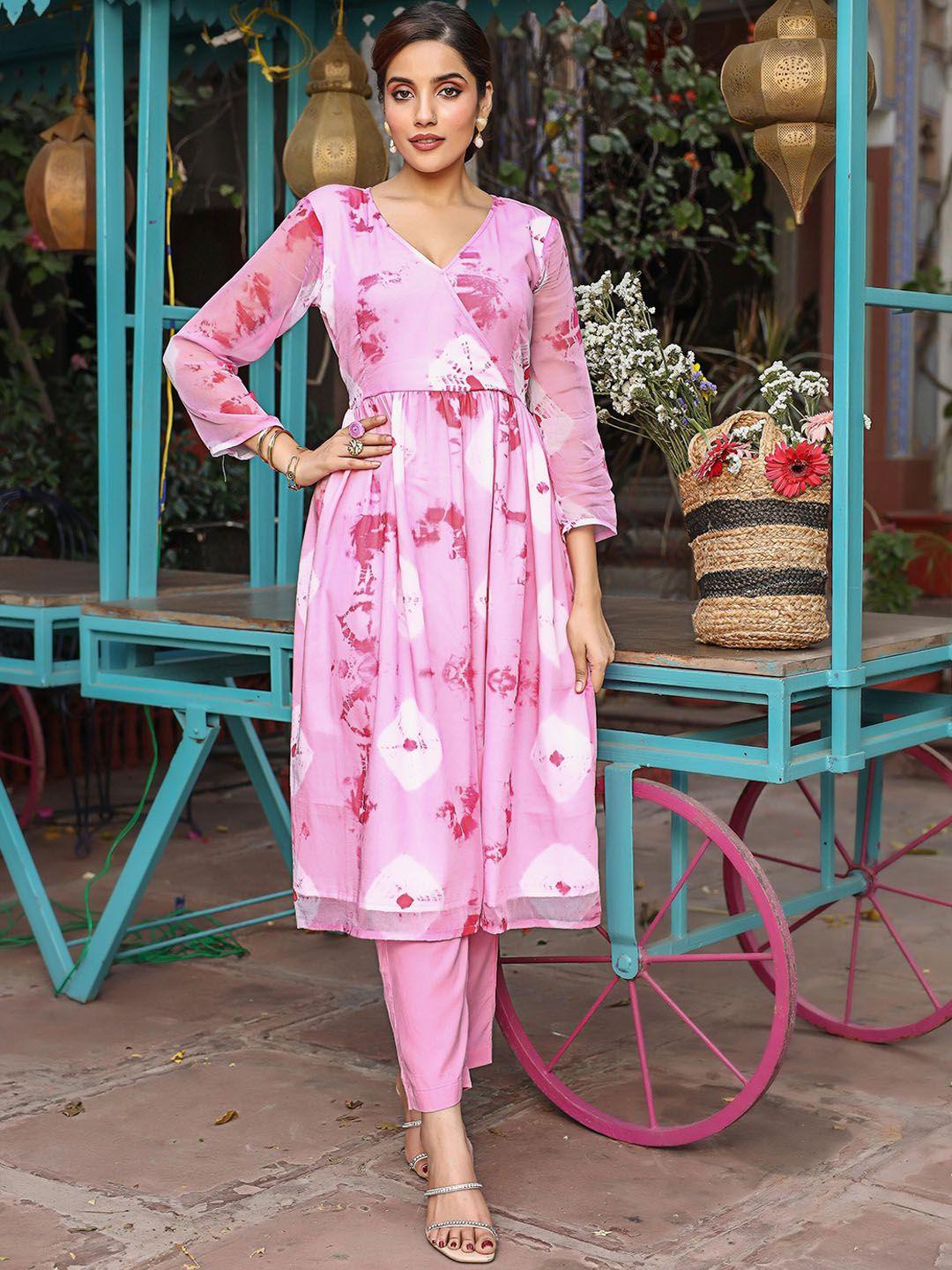 thread & button women pink dyed angrakha silk chiffon kurta with palazzos