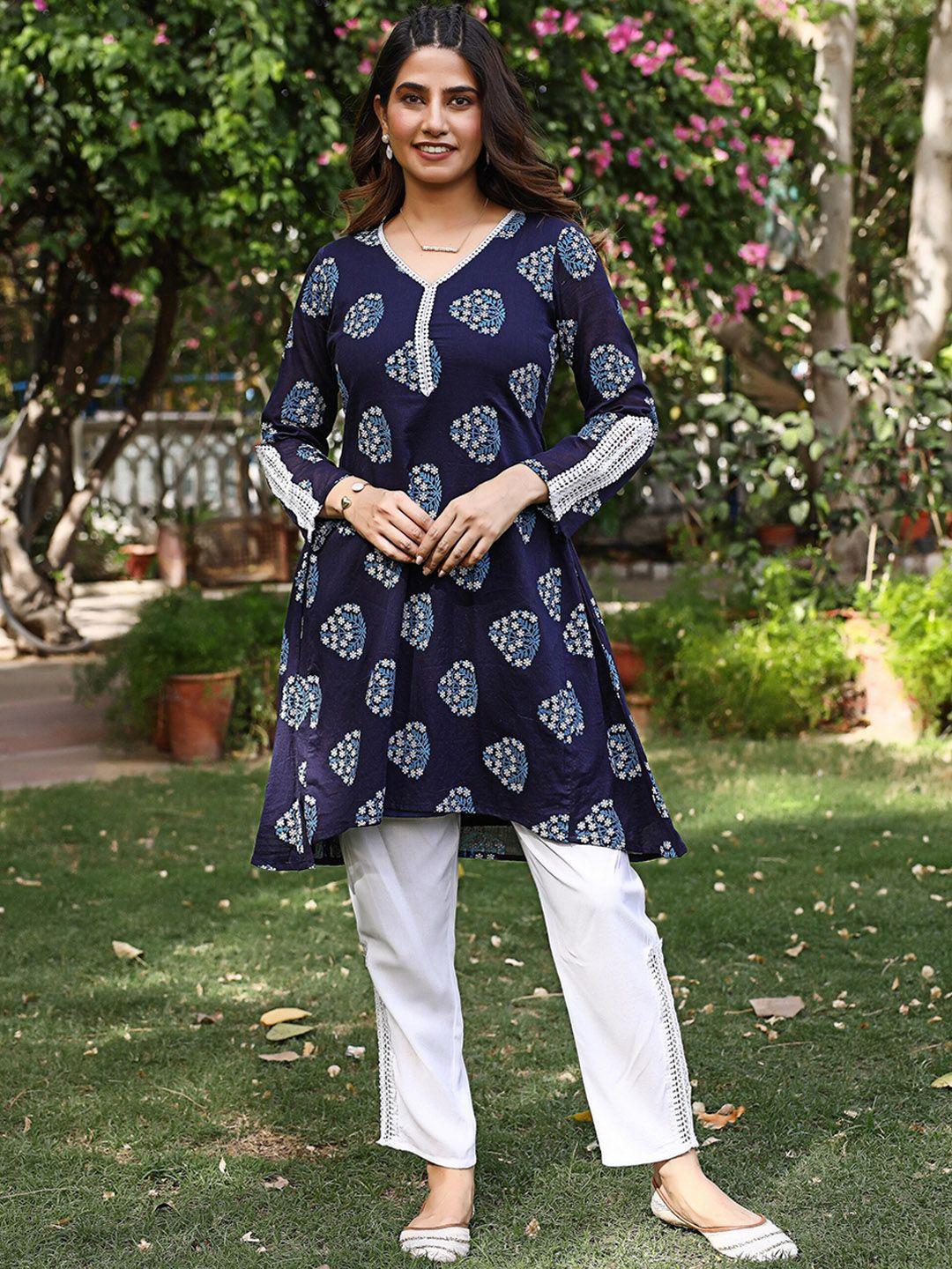 thread & button women blue ethnic motifs printed regular pure cotton kurta with palazzos