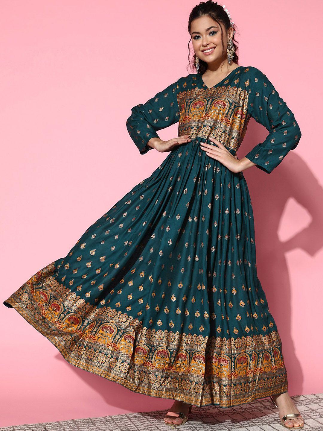 inweave teal & gold-toned v-neck ethnic motifs printed fit & flare maxi ethnic dress