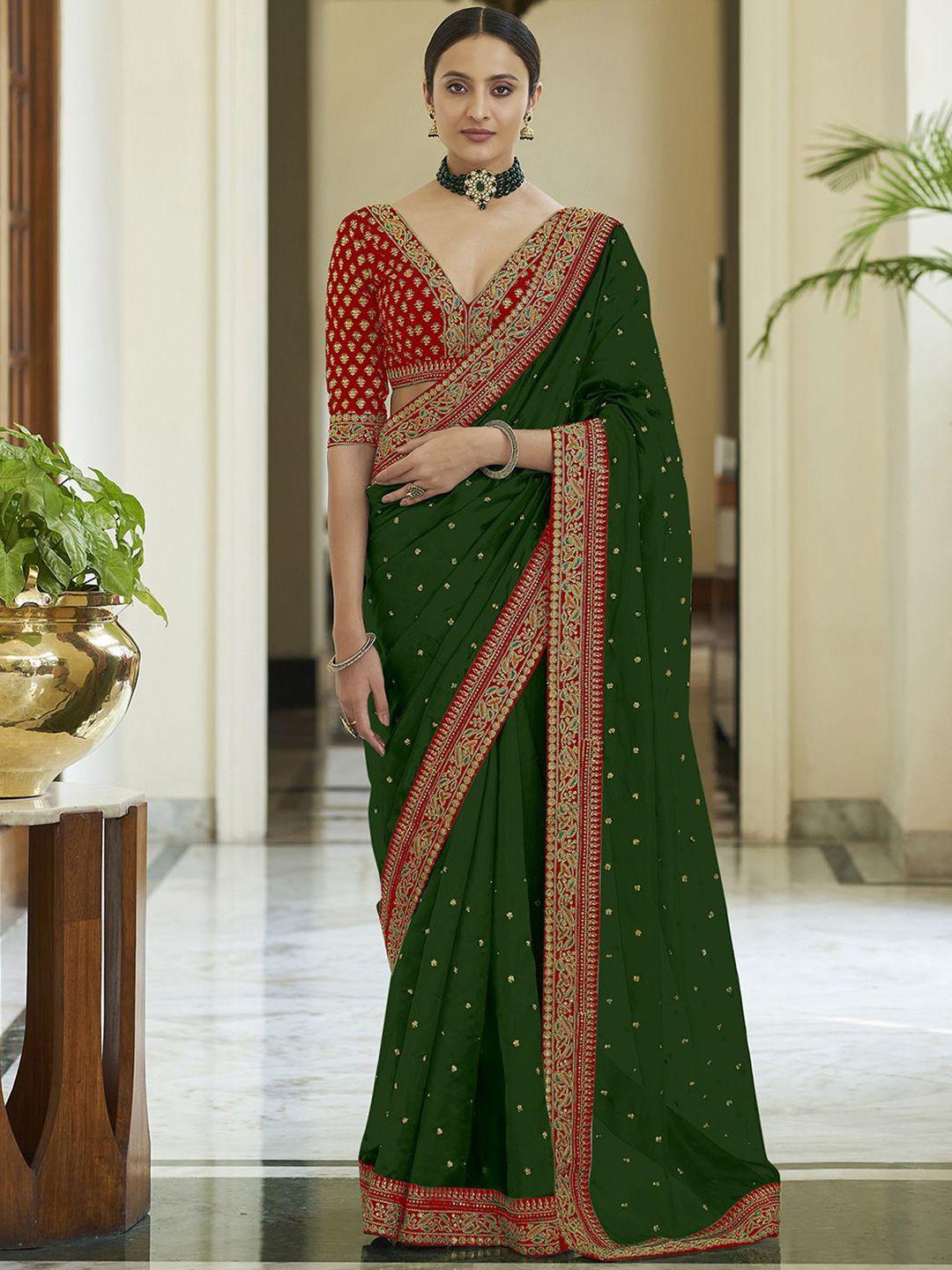 mitera green & red floral embroidered saree