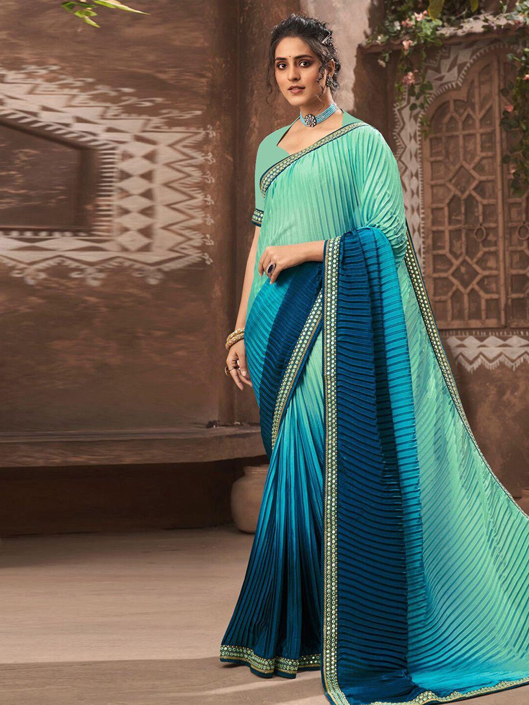 mitera turquoise blue ombre embroidered silk cotton saree