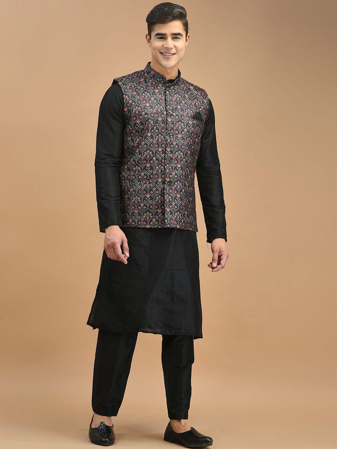 deyann mandarin collar straight kurta with pyjamas & nehru jacket