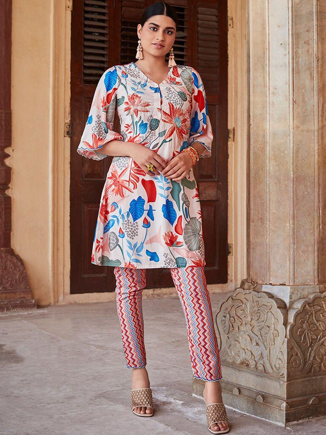 jaipur kurti peach embellished kurti with muslin printed trousers co-ords