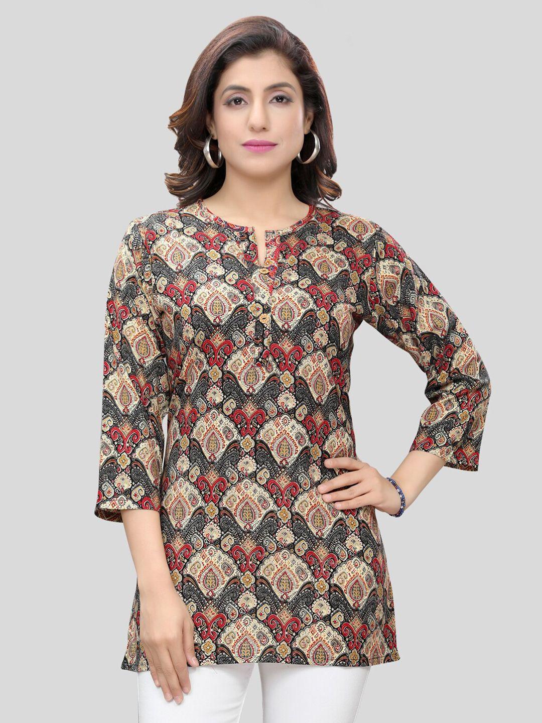 saree swarg beige & red ethnic motifs printed kurti