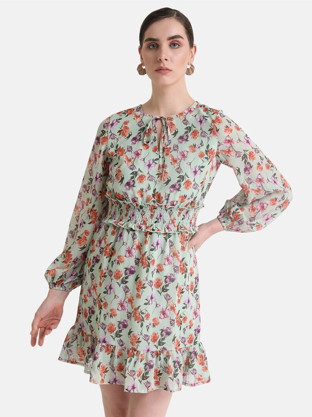 kazo floral print tie-up neck georgette smoked fit & flare dress