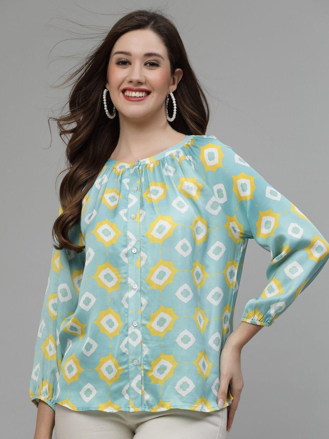 wool trees geometric printed collarless casual shirt