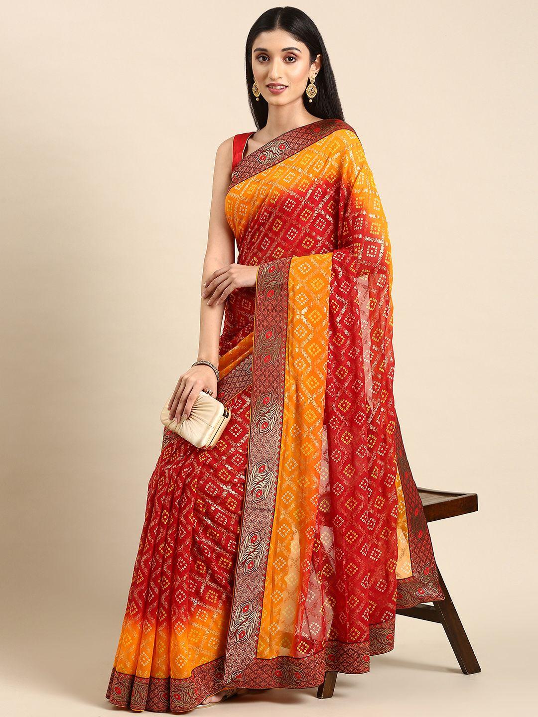 here&now bandhani printed zari pure georgette saree