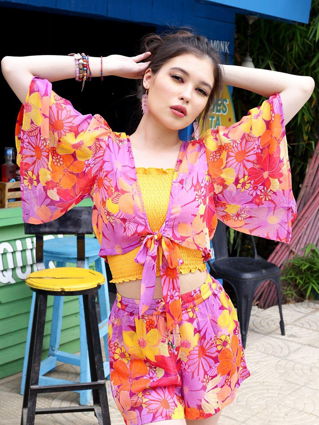 sera orange & magenta floral printed crop tie-up shrug