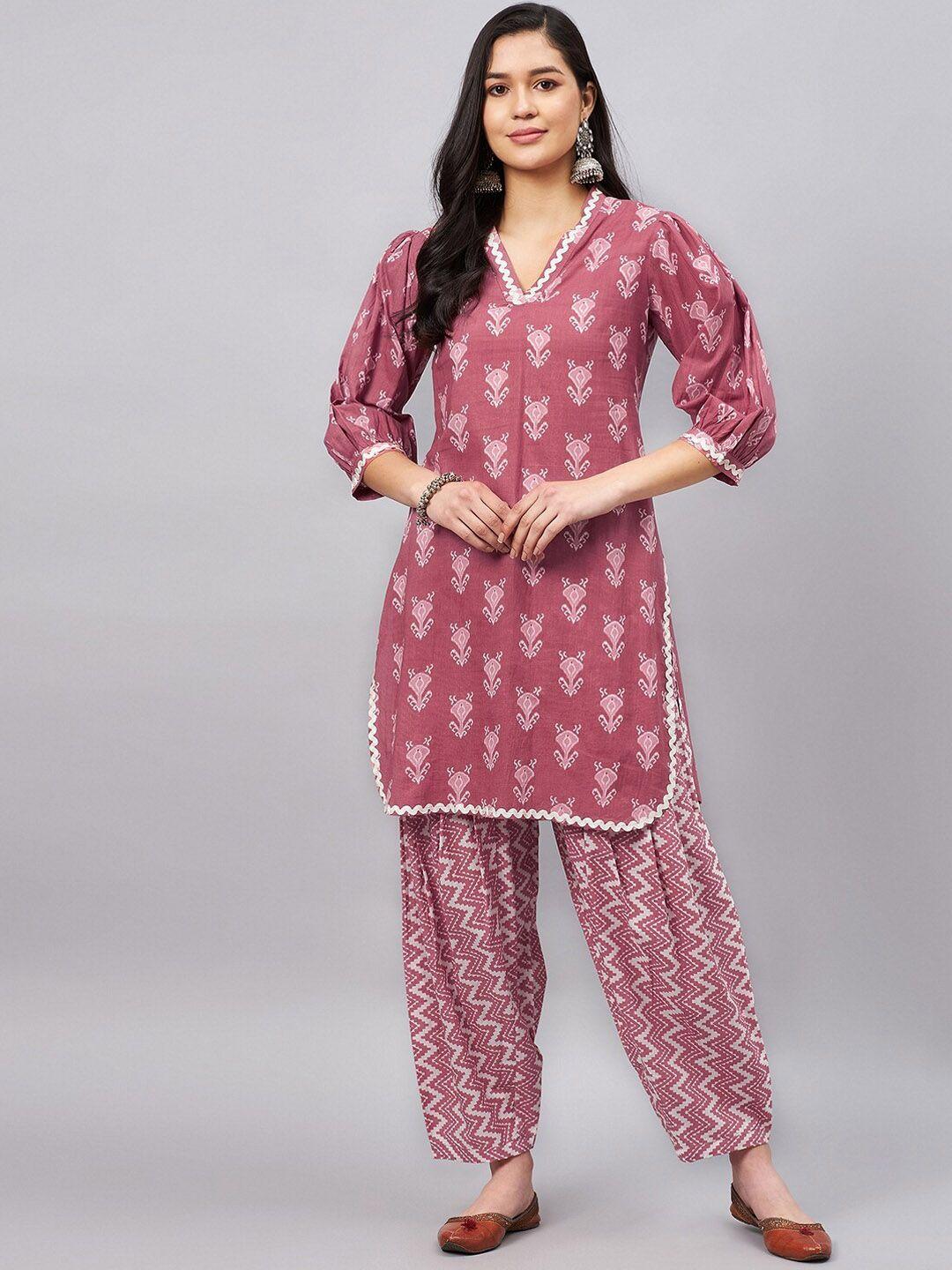 winered women pink printed regular pure cotton kurta with salwar