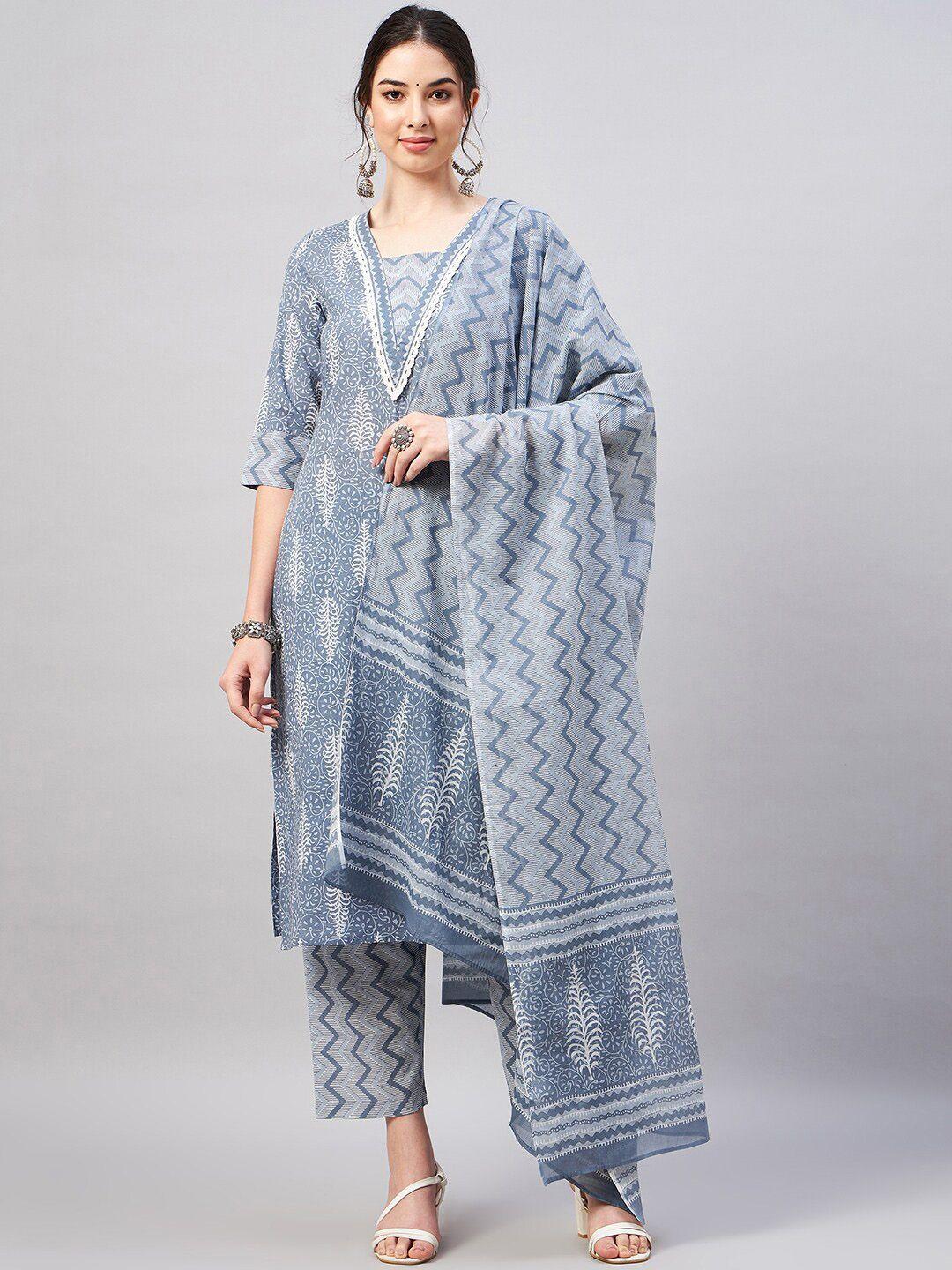 winered women grey floral printed regular pure cotton kurta with palazzos & with dupatta