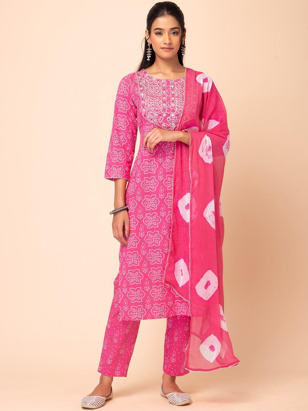 rang by indya women pink ethnic motifs embroidered regular thread work pure cotton kurta with trousers &