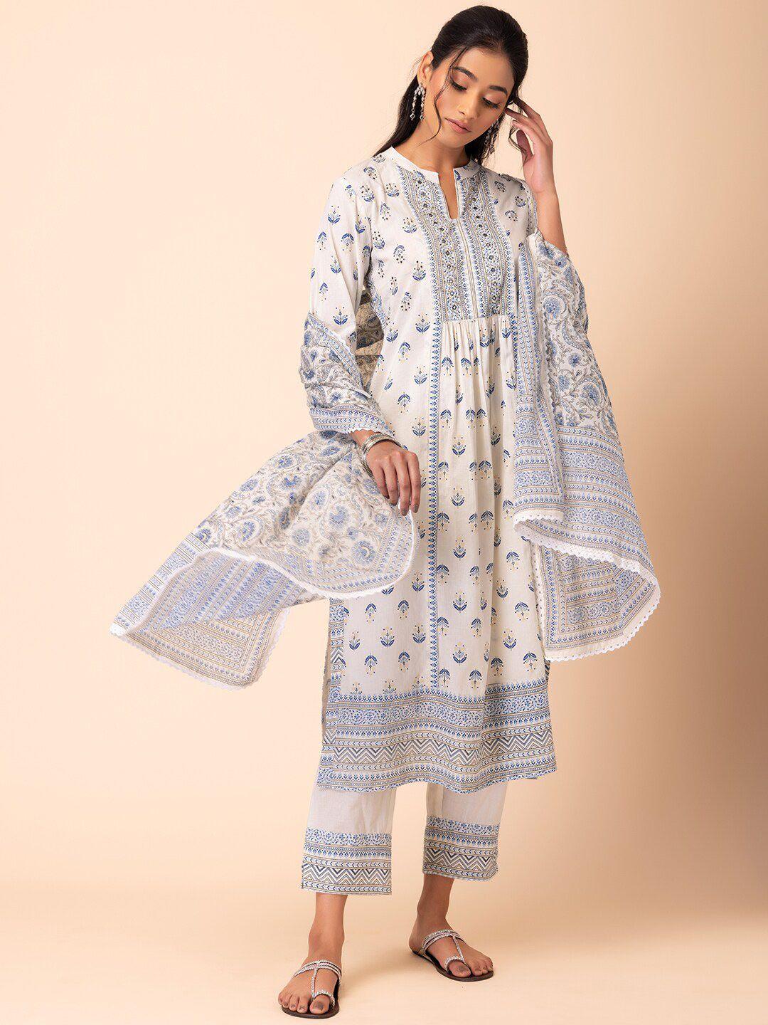 rang by indya women blue floral printed pleated pure cotton kurta with trousers & with dupatta