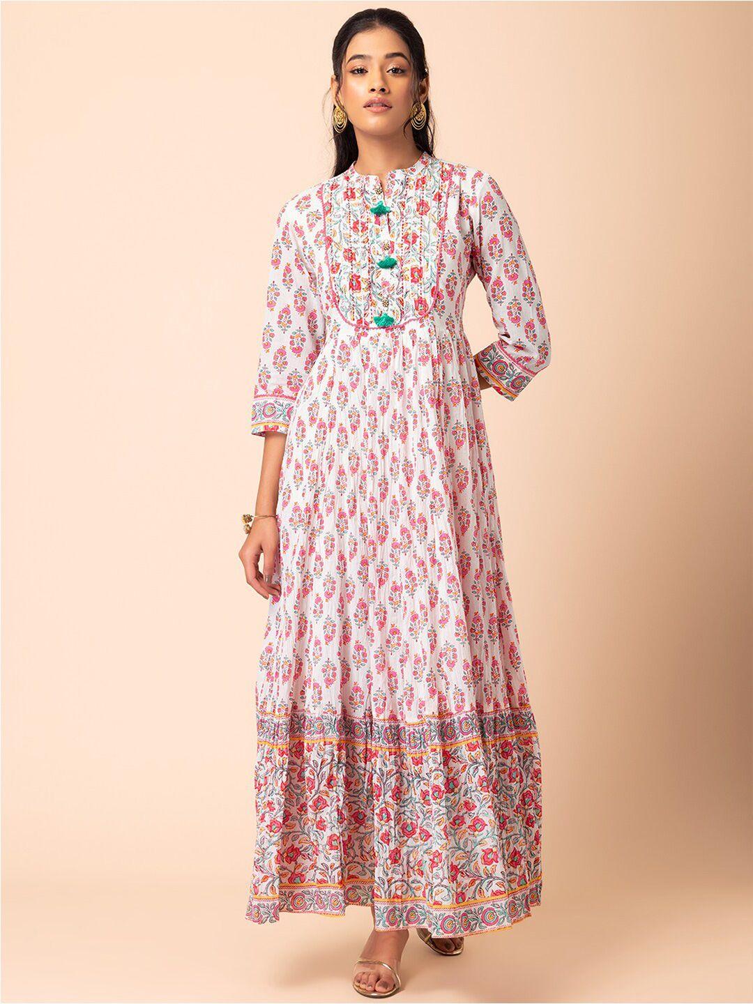 rang by indya floral print band collar maxi cotton ethnic dress